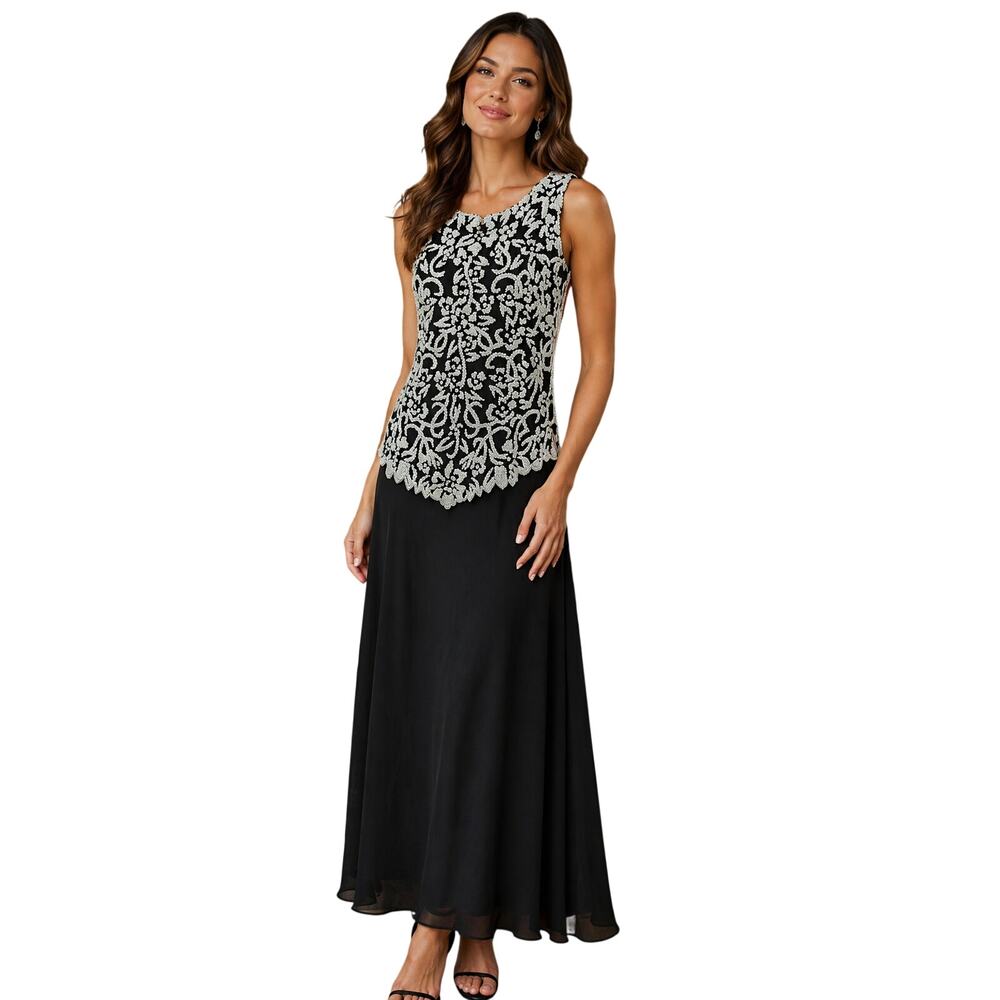 JKara sz 12 sequin black white chiffon sleevless formal prom banquet dress EUC